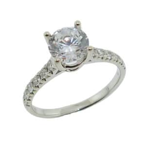 14KW engagement ring set with: - 1.0ct CZ - 12 round brilliant cut diamonds, 0.32cttw
