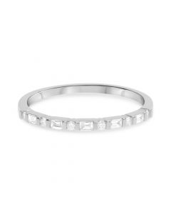 14K white gold ladies diamond band, bar-set with 5 baguettes totaling 0.11 carats and 6 round brilliant cut diamonds totaling 0.07 carats.
