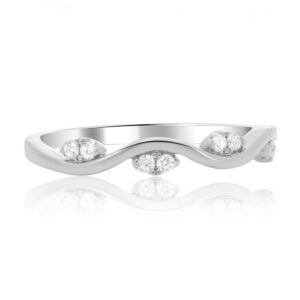 14K White gold lady's band set with 8 round brilliant cut diamonds, 0.09 total carat weight.