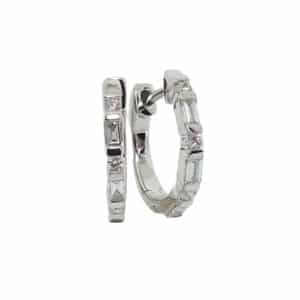 14K White gold hoops bar set with 6 diamond baguettes, 0.12 total carat weight, and 6 round brilliant cut diamonds, 0.05 total carat weight.
