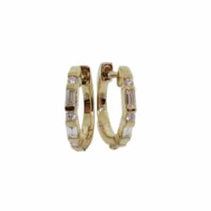 14K Yellow gold hoops bar set with 6 diamond baguettes, 0.12 total carat weight, and 6 round brilliant cut diamonds, 0.05 total carat weight.