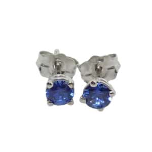 14K white gold earrings set with two round blue sapphires totaling 0.40 carats.