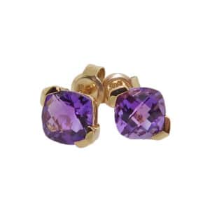 14 karat yellow gold coloured gemstone earrings set with two 6mm checkerboard cut amethysts.
