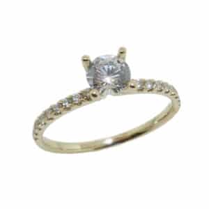 14KY engagement ring set with: - 0.5ct CZ - 18 RBC diamonds, 0.17cttw