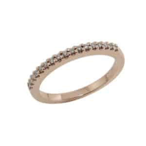 14K Rose gold shadow band claw set with 0.11 total carat weight, G/H, SI very good cut round brilliant cut diamonds. The regular price for this band is $1000, it is marked to a special price of $695!