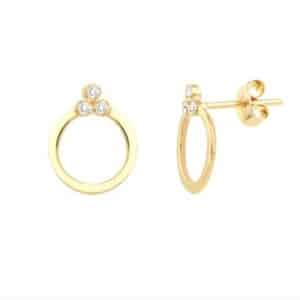 14 Karat yellow gold diamond trio flat circle earrings with diamonds totaling 0.06 carats, G/H, SI.