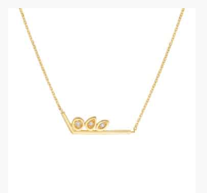 14 Karat yellow gold L bar necklace on an 18 inch adjustable chain set with three round brilliant cut diamonds totaling 0.09 carats, G/H, SI.