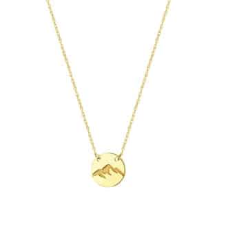 14 Karat yellow gold mini disc pendant with etched mountain on an 18 inch adjustable chain