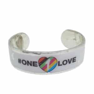 0.75" wide "One Love" cuff with silver leaf, medium size.