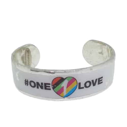 0.75" wide "One Love" cuff with silver leaf, medium size.