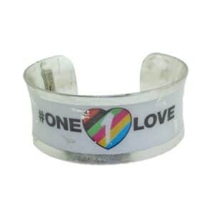 1" wide "One Love" corset style cuff with silver leaf, medium size.