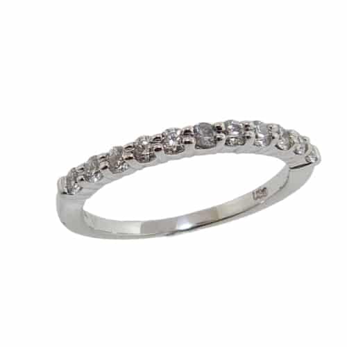 18K White gold diamond band shared prong set with 11 ideal, Hearts On Fire diamonds, 0.274 total carat weight, G/H, VS-SI.