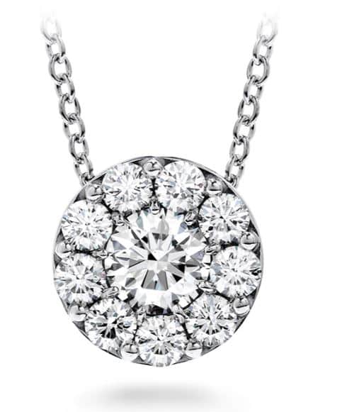 18KW Fulfilllment round pendant by Hearts On Fire on an 18" cable chain set with 12 ideal cut, round brilliant cut Hearts On Fire diamonds, 0.75cttw
