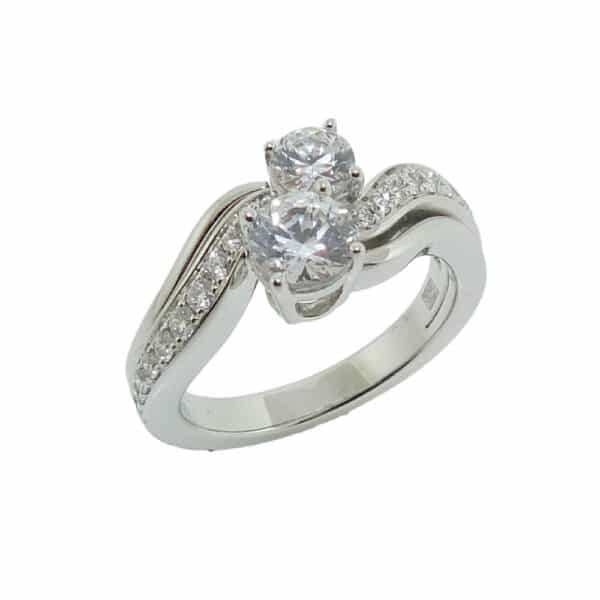 14K White gold Frederic Sage asymmetrical curved split shank double diamond ring set with a 0.25 carat and 0.50 carat CZ and 20 pave set round brilliant cut diamonds on the band, G/H, SI, very good cut, 0.22cttw. Available in 14K gold, 18K gold, or platinum. This ring can be made in any combination of white, pink or yellow gold and can be customized to accommodate different size and shape diamonds, by special order. Priced without a center gemstone. Let us find you the perfect center that fits your tastes and budget!