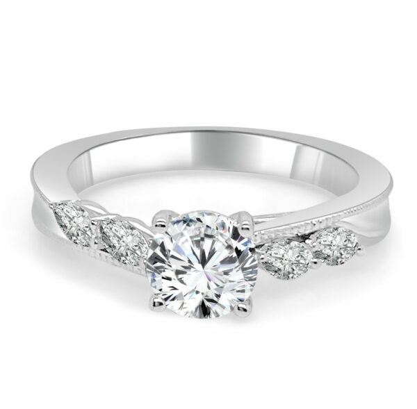 14K White gold Frederic Sage engagement ring set with a 0.75 carat CZ and accented on the band with 4 marquis diamonds, G/H, SI, 0.30cttw. Available in 14K gold, 18K gold, or platinum. This ring can be made in any combination of white, pink or yellow gold and can be customized to accommodate different size and shape diamonds, by special order. Priced without a center gemstone. Let us find you the perfect center that fits your tastes and budget!