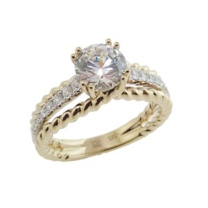 14K Yellow and white gold engagement ring by Frederic Sage set with a 1.0 carat CZ and accented on the band with 18 round brilliant cut diamonds, 0.23cttw, G/H, VS-SI.