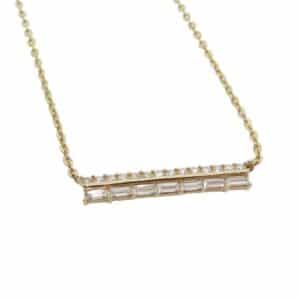 14K Yellow diamond 18" bar necklace with extensions set with 14 round brilliant cut diamonds, 0.14cttw and 7 baguette diamonds, 0.22cttw.
