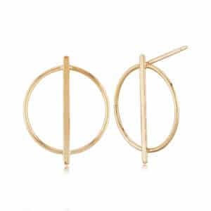 14K Yellow gold circle with bar stud earrings.