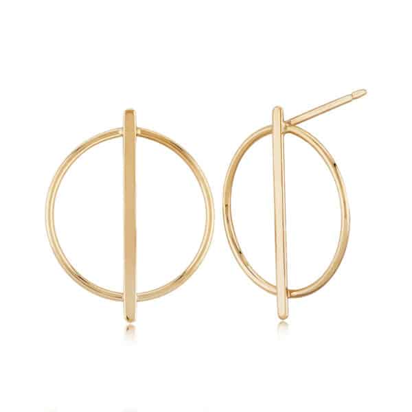 14K Yellow gold circle with bar stud earrings.