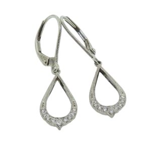 14K White gold teardrop shape diamond leverback dangle earrings, 0.25cttw.