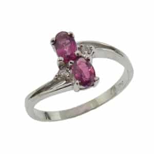 14K White gold lady's ring set with 2 pink tourmaline, 0.461cttw, and 2 round brilliant cut diamonds, 0.03cttw, I-K, I1.
