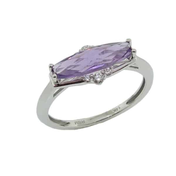 14K White gold lady's ring horizontally set with a 0.99 carat amethyst and 0.09cttw diamonds.