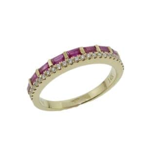 14K Yellow lady's double row band set with 25 round brilliant cut diamonds, 0.14cttw, and 9 baguette rubies, 0.51cttw.