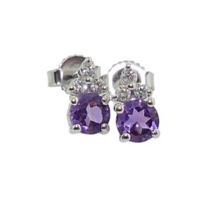 14K White gold studs set with amethyst and diamond, 0.09cttw.