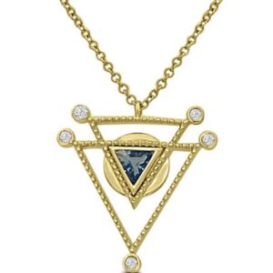 14K Yellow gold pendant on chain set with a trillion cut blue topaz, 0.20 carat, and 5 bezel set round brilliant cut diamonds, 0.05cttw.