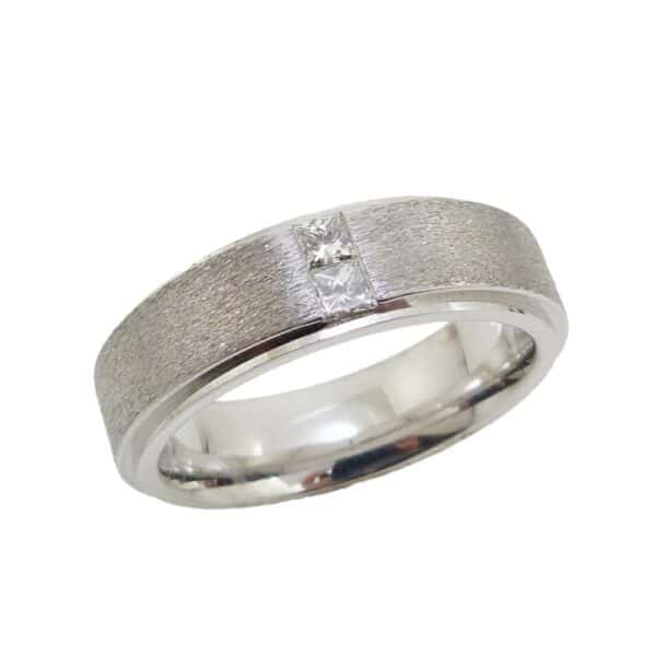 14K White gold men's textured and polished band channel set with 2 princess cut diamonds, 0.15cttw. 