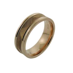 14K Rose gold small diamond point pipe style 7mm wide band with border.