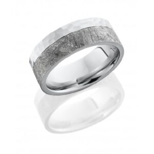 Hammered cobalt chrome 8mm men's flat band with 5mm meteorite edge.