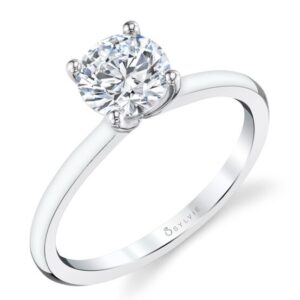 14K White gold engagement ring by Sylvie Collection engagement ring set in the centre with a 0.75 carat CZ and accented on the petal shape tips with round brilliant cut diamonds, 0.08 total carat weight, G/H, VS-SI. Available in 14K gold, 18K gold, or platinum. This ring can be customized to accommodate different size and shape diamonds, by special order. Priced without a center gemstone. Let us find you the perfect center that fits your tastes and budget!