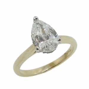 14K Yellow and white gold hidden halo engagement ring set with a 1.62 carat E, VS1 pear shape lab grown diamond and in the hidden halo, 0.066 total carat weight natural diamonds, SI.