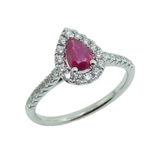 14K White gold lady's halo ring set with a 0.43 carat pear shape ruby and accented with 0.29 total carat weight round brilliant cut diamonds.