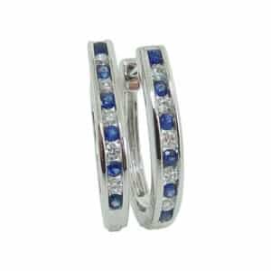 14K White gold hoop earrings set with sapphires, total 0.19 carats, and diamonds, total 0.13 carats, G/H, SI1.