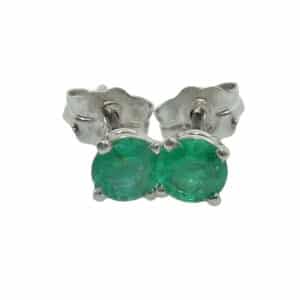 14K White gold stud earrings set with 2 round emeralds, totaling 0.38 total carat weight.