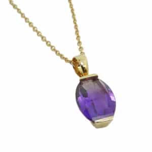 14K Yellow gold pendant set with 9x7 mm checkerboard cut amethyst.