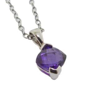 14K White gold pendant set with 6 mm cushion amethyst.