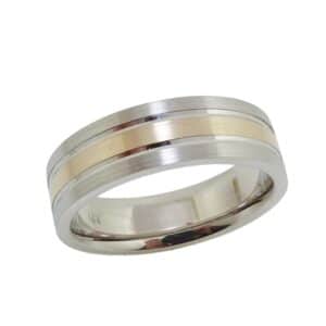 14K White and yellow gold 6.5 mm wide men's ring with stainless and polished texture.