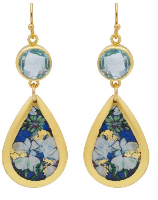 Lillies white small teardrop earrings with blue topaz and 22KY vermeil by Evocateur