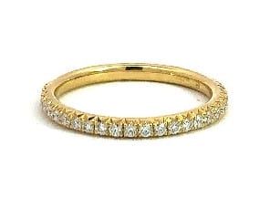 18K Yellow Vela French Cut Pave Set Band by Hearts On Fire claw set with with 27 ideal, round brilliant cut Hearts On Fire diamonds, 0.32 total carat weight, G/H, VS.