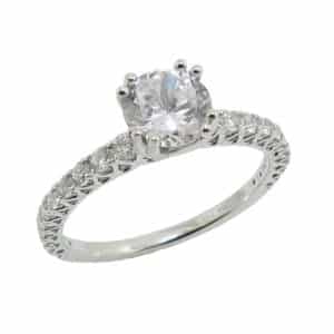 14K White gold Ancora Designs solitaire engagement ring set in the centre with a 0.75 carat CZ and with 24 claw set round brilliant cut diamonds, 0.39cttw.