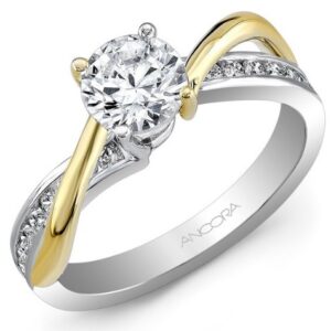 14K White & Yellow gold engagement ring by Ancora Designs set with a 0.50 carat CZ and accented with 20 round brilliant cut diamonds, 0.32 total carat weight. Available in 14K gold, 18K gold, or platinum. This ring can be made in any combination of white, pink or yellow gold and can be customized to accommodate different size and shape diamonds, by special order. Priced without a center gemstone. Let us find you the perfect center that fits your tastes and budget!