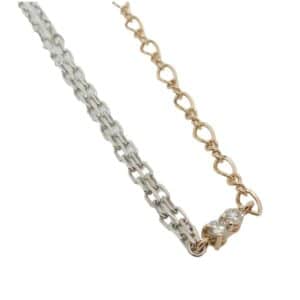 14K White and yellow gold paperclip and elongated fancy cable necklace set with two round brilliant cut diamonds totaling 0.255 carats, H, SI1-2.