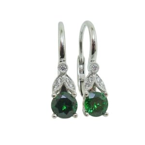 14K White gold leverback earrings set with two (4.5 mm) round tsavorite garnets totaling 0.782 carats and accented with ten round brilliant cut diamonds totaling 0.04 carats.