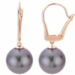14k yellow gold leverback earrings set with 9-10mm Tahitian pearls