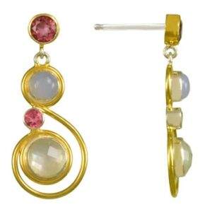 Sterling Silver and 22K Gold Vermeil Earrings by Michou Jewelry with Quartz + Rainbow Moonstone, Blue Chalcedony, Imperial Pink Topaz and Raspberry Topaz.