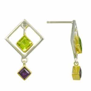 Silver earrings with 22kt vermeil by Michou Jewelry with African amethyst and peridot.