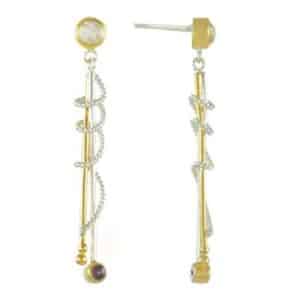Silver and 22kt vermeil earrings by Michou Jewelry with rhodolite garnets and mother of pearl & quartz.